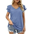thumbnail image 2 of SHOPESSA Womens Tops Summer Fashion V-neck T-Shirt Flounces Short Sleeve Casual Loose Fit Tee Shirts Blouse Solid Colour Shirt, 2 of 9