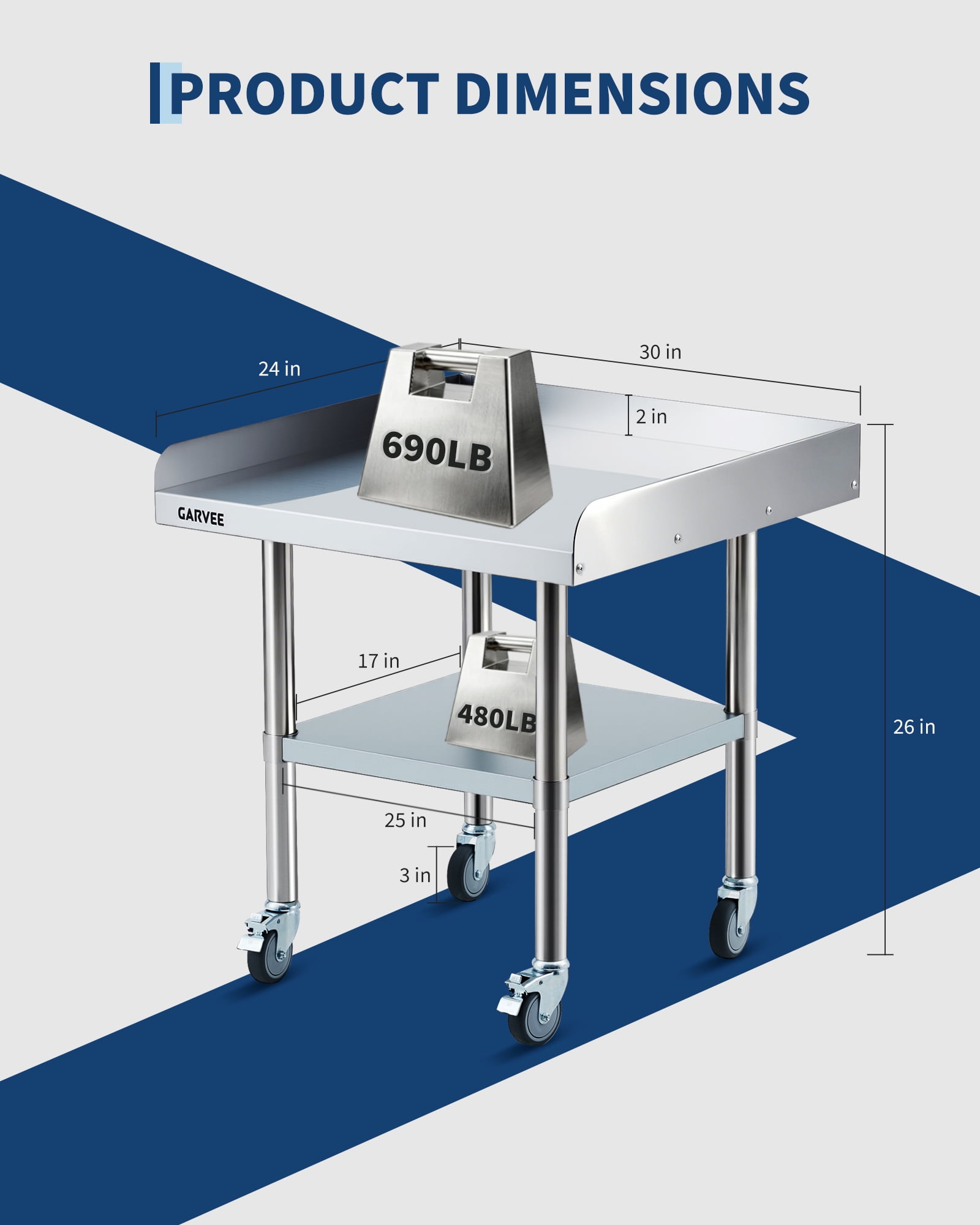 M optimized 24x30 Inch Stainless Steel Work Table with Wheels, Commercial Prep Table with Detachable 3-Sided Backsplash and Adjustable Shelf, Rolling Workbench for Kitchen Restaurant Garage