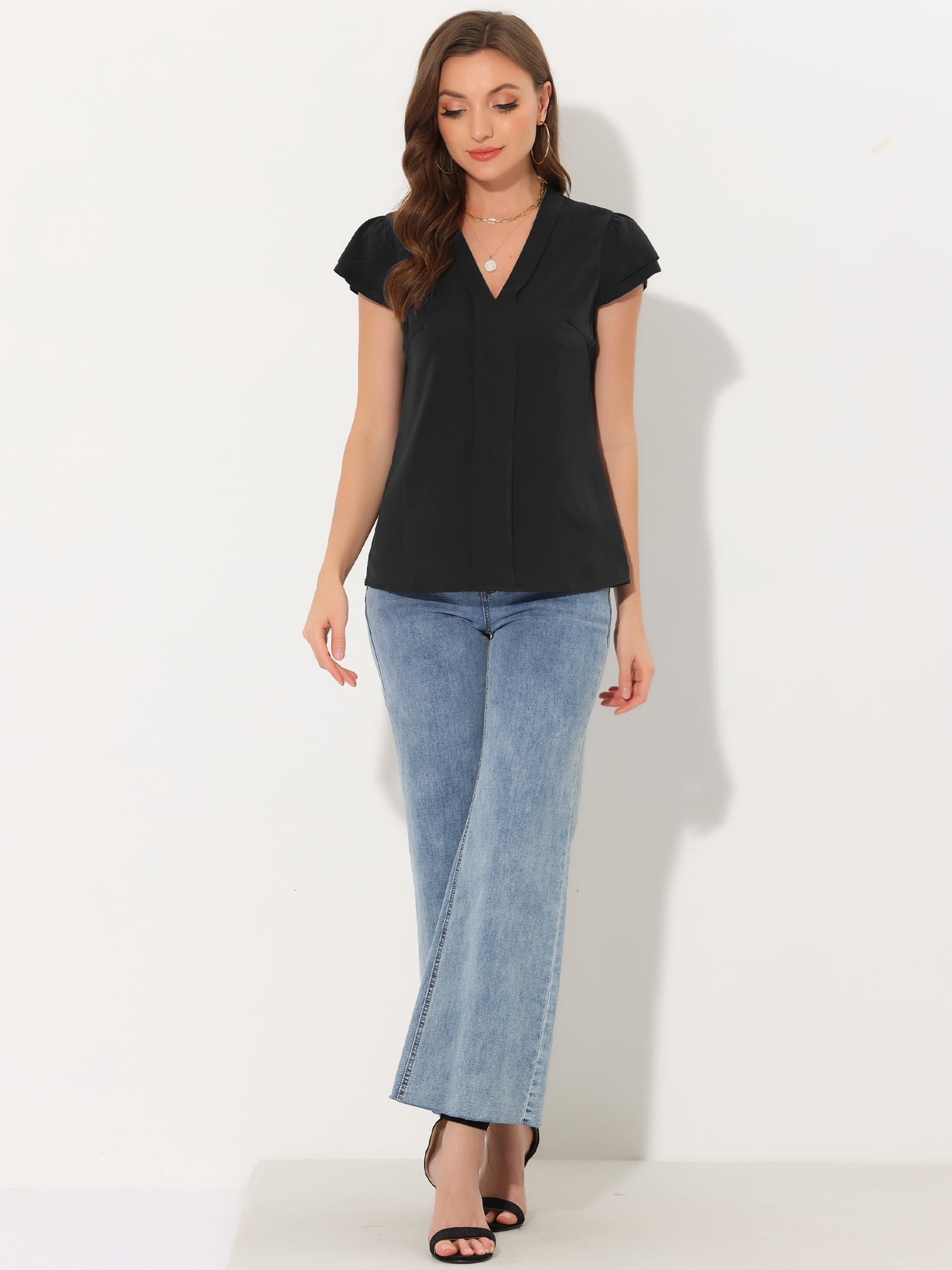 Unique Bargains Women's Summer Office Tops V-Neck Solid Color Chiffon Blouse M Black
