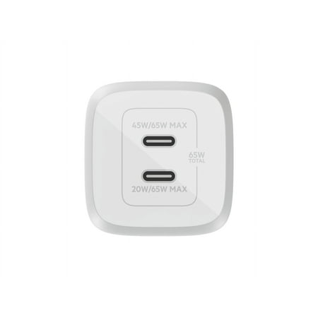 Belkin - 65W Dual USB-C Wall Charger, Fast Charging Power Delivery 3.0 with GaN Technology for Apple iPhone and Samsung - White