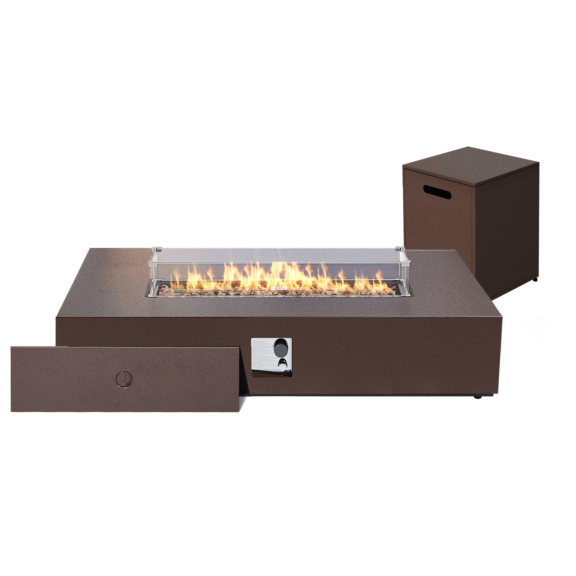 UPHA 56-inch Outdoor Propane Rectangle Fire Pit Table 50000 BTU Iron Gas FirePit for Outside Patio with Tank Cover, Wind Guard, Removable Lid, Lava Rocks, Rain Cover, Brown