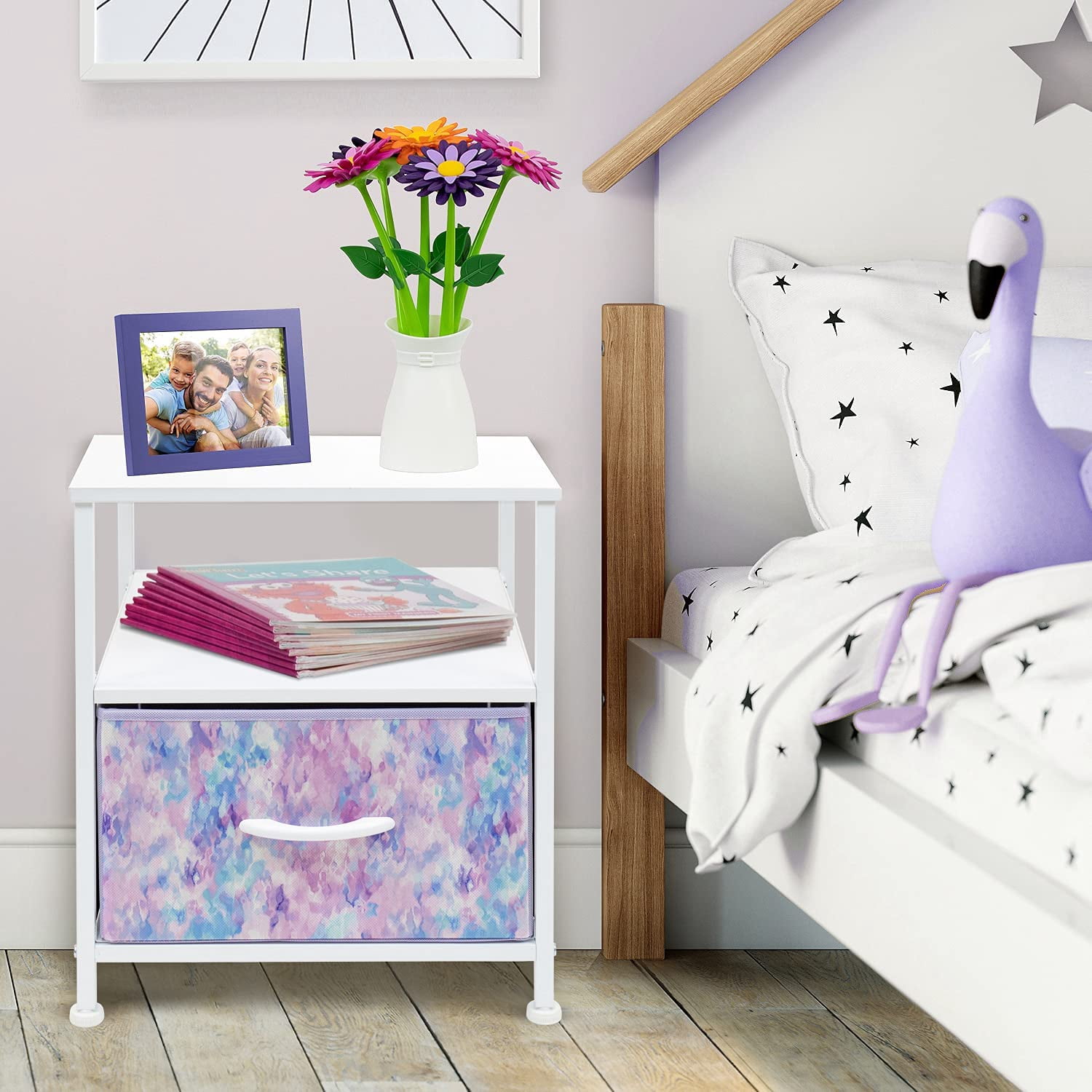 Sorbus Nightstand 1-Drawer Shelf Storage- Bedside Furniture & Accent End Table Chest for Home, Bedroom, Office, College Dorm, Steel Frame, Wood Top, Easy Pull Fabric Bins (Purple)