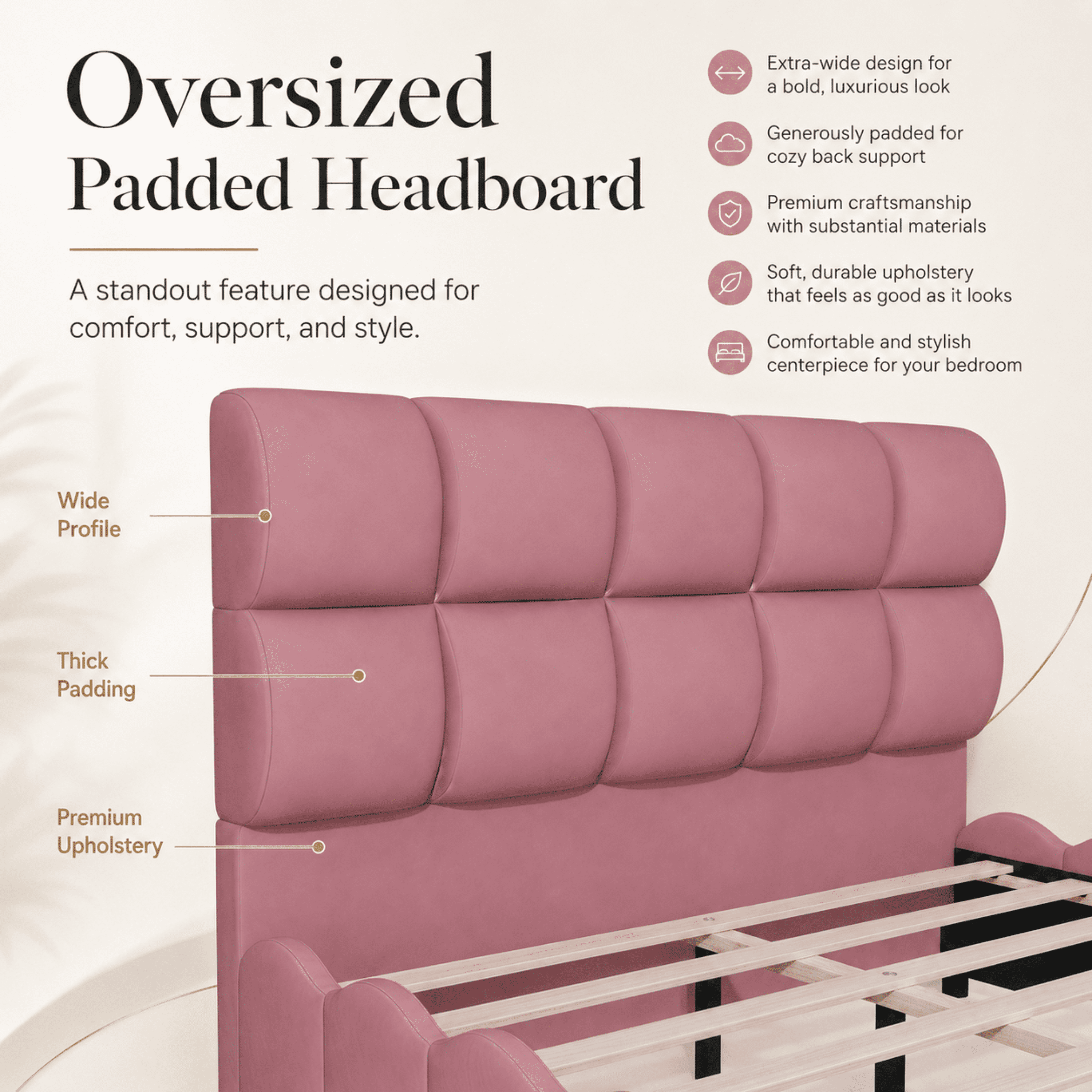 Euroco Upholstery Velvet Full Size Platform Bed with Tall Panel Headboard, No Box Spring Needed, Pink