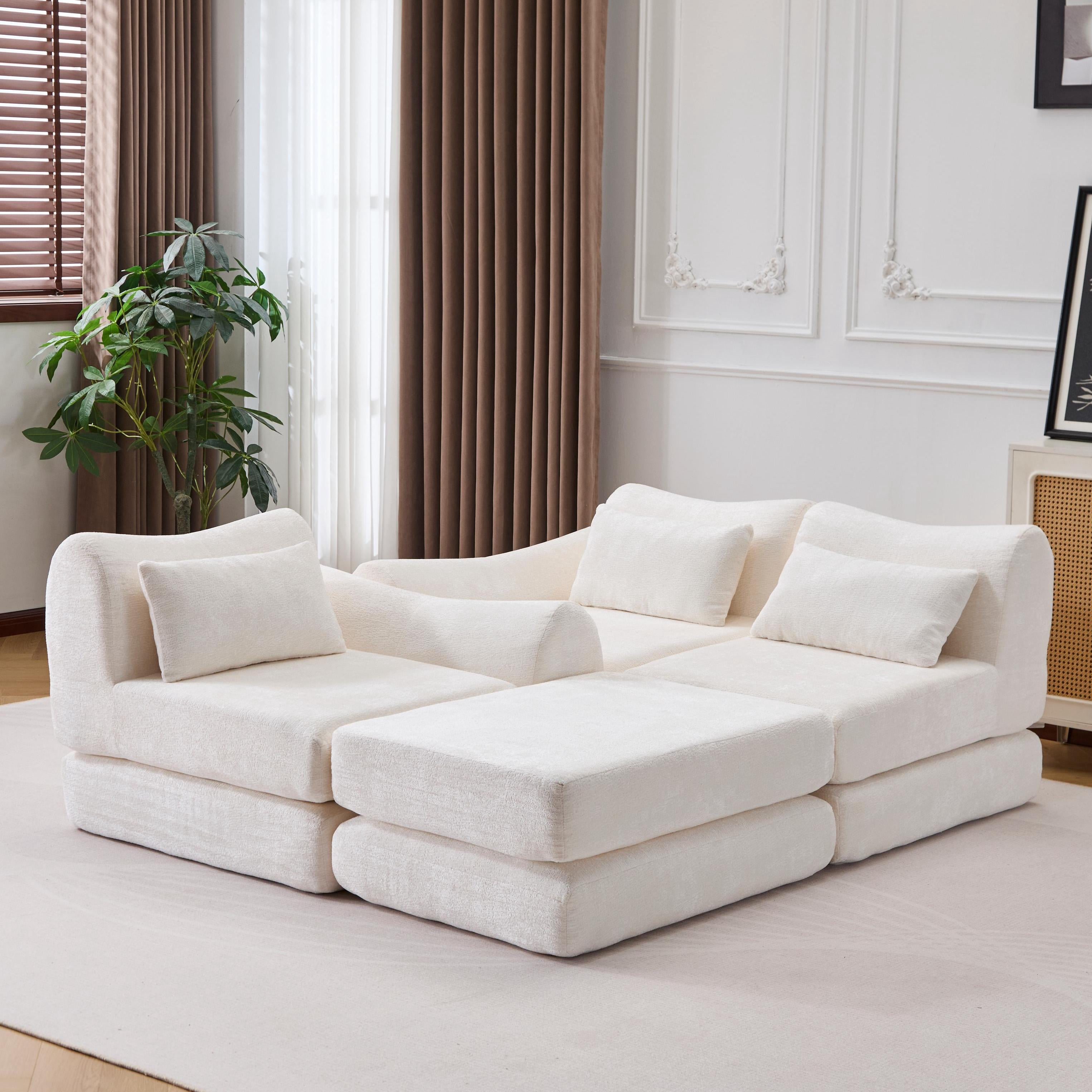 BSHTI Foldable Wave Star Modular Sofa, Chenille Fabric, 4-in-1 Modern Couch for Living Room, Modular Sectional Sofa with Chaise, Free Combination 3 Seater Sofa, White