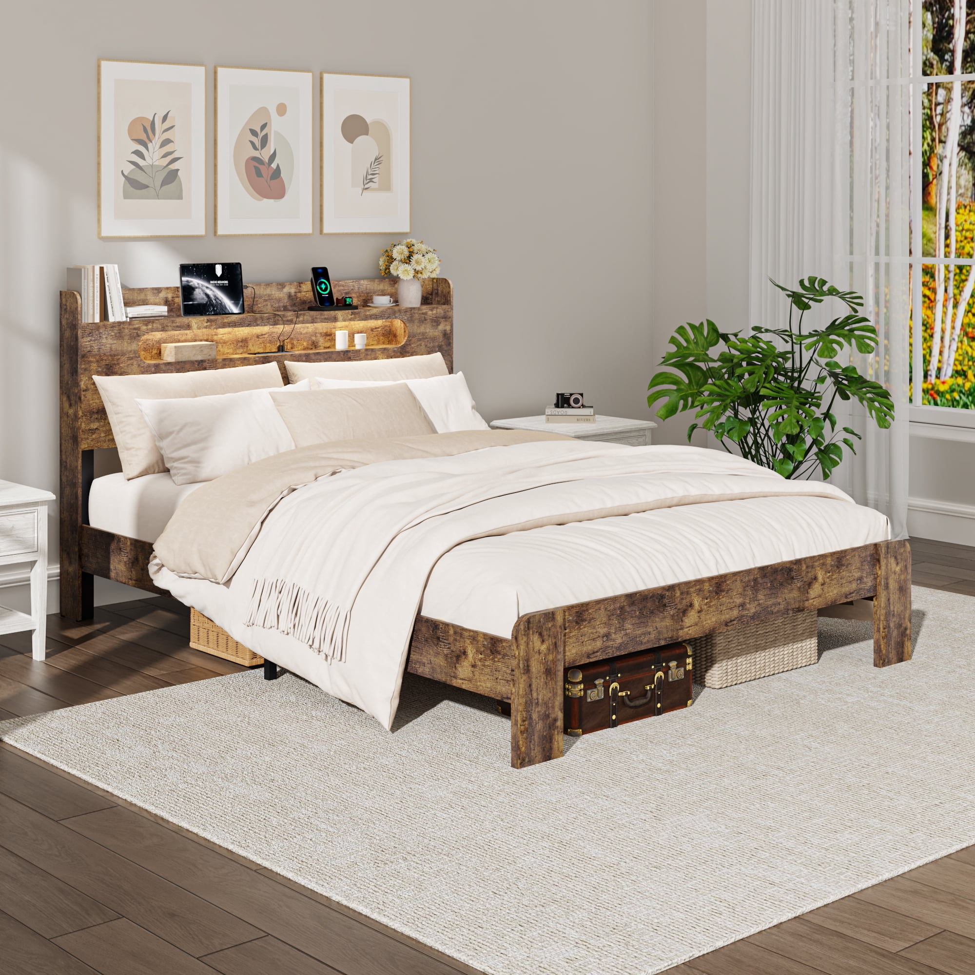 Wooden Queen Size Bed Frame with Storage Headboard, Rustic Farmhouse Platform Bed with Charging Station and LED Lights, No Box Spring Needed, Noise-Free, Easy Assembly, Brown