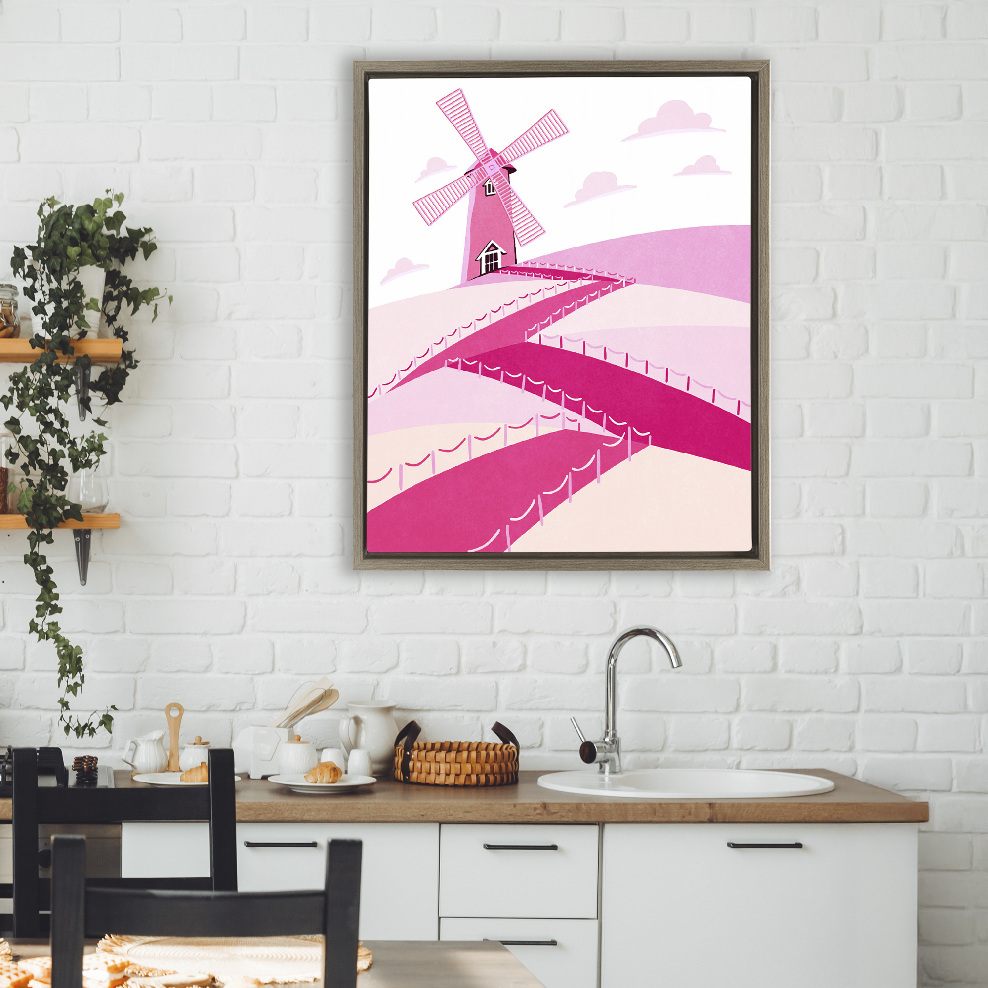 Pink Hills and Windmill Brown Framed Floater Canvas Wall Art, design by Ziwei Li
