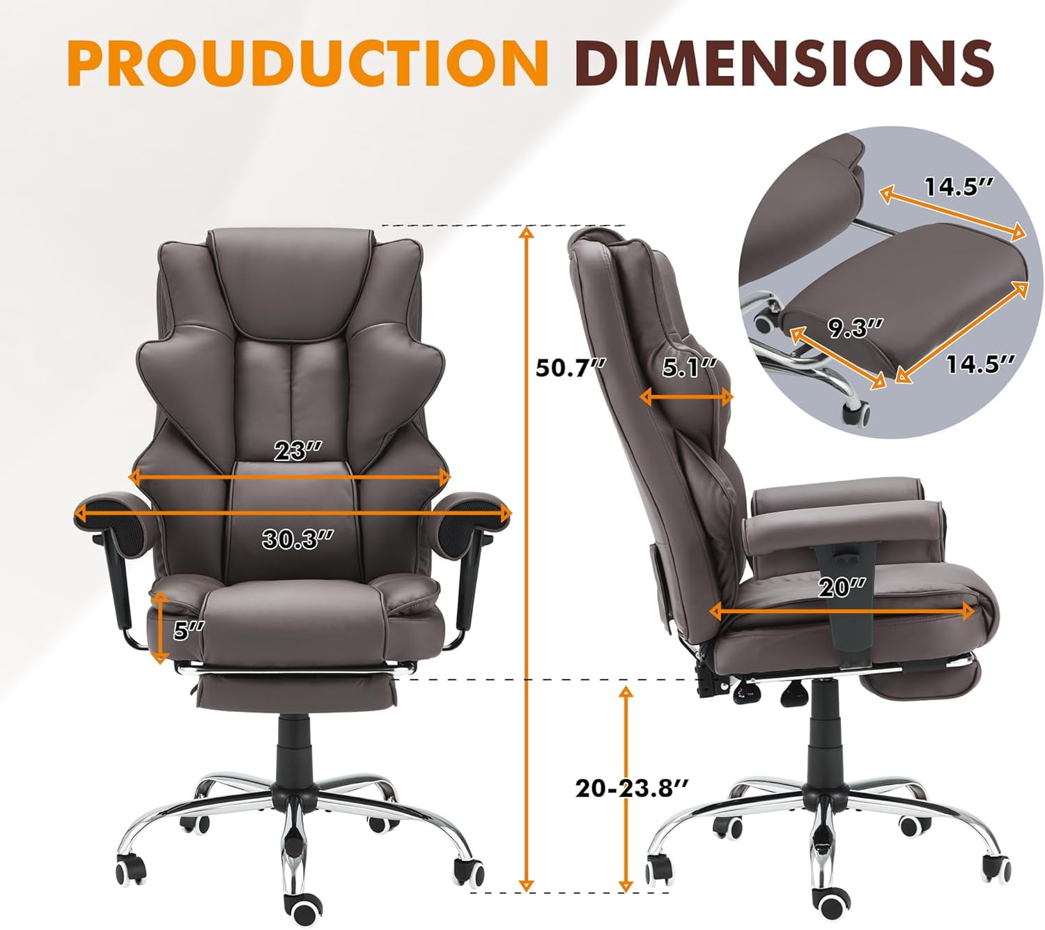 Homrest 6-Point Massage Executive Office Chair for Adults, Heated Ergonomic Home Desk Chair with Adjustable Footrest, Armrests & Backrest (Brown)