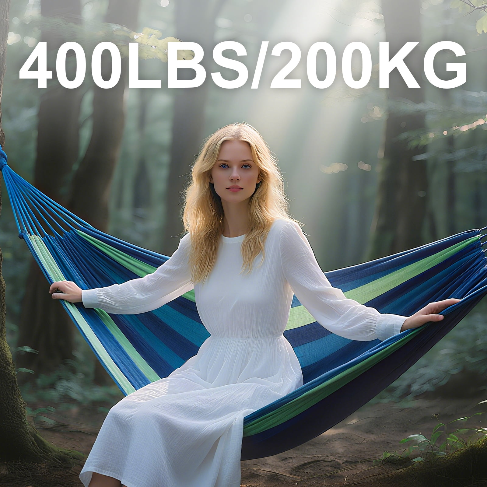 Double Hammock Comfortable for Hanging Sturdy 440lbs Capacity Hammock for Camping Outside Garden Outdoor Indoor Patio Backyard, Blue Green