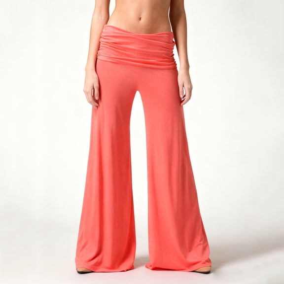 Coral Fold Over Pants for Women Loose Foldover Yoga Pants Ruched Waist Casual Palazzo Pants Flare Wide Leg Leggings Saffron 2XL