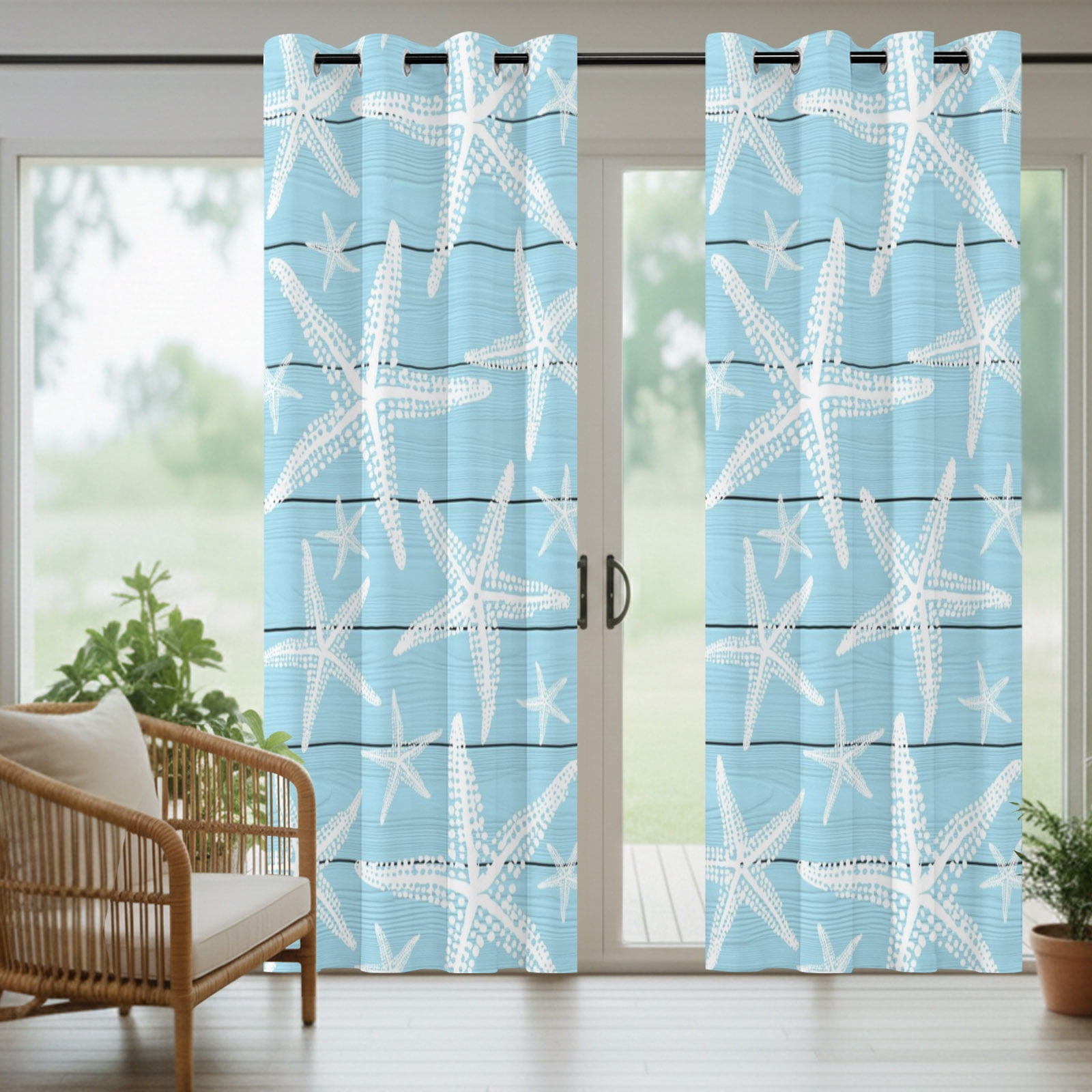 Coastal Light Blue Starfish Outdoor Curtains for Patio, Nautical Ocean Summer Minimalist Wood Grain Sunshade Privacy Drapes Grommet Waterproof Outside Curtains for Porch Balcony 54"x108", 1 Panel