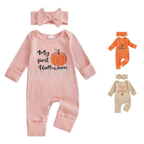 RMGVDSD My First Halloween Baby Girl Outfit Pumpkin Letter Print Long Sleeve Romper Jumpsuit with Headband Girl Thanksgiving Outfits 6-12 Months