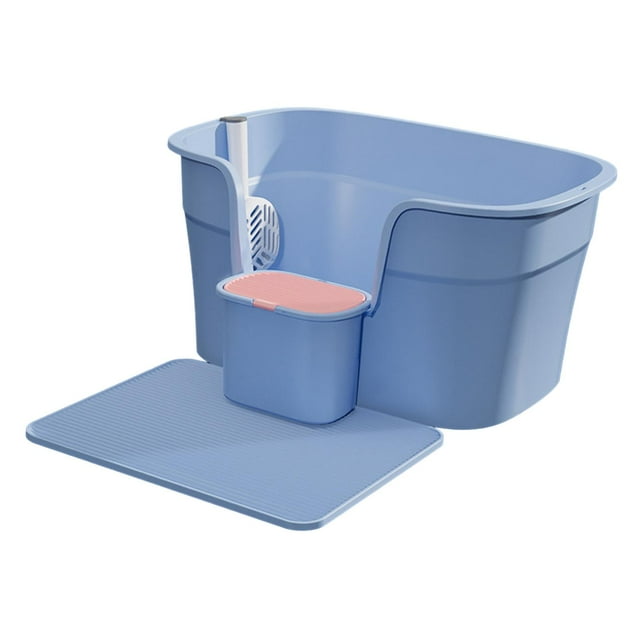 Pet Litter Tray Semi Enclosed Cat Litter Box Splashproof High Sided Large Kitten Blue w Pedal Board