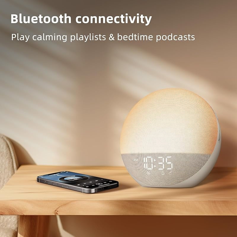 Sunrise Alarm Clock White Noise Machine: Natural Wake Up Light - Dimmable Clock with Bluetooth Speaker for Bedroom - 25 Sleep Sounds for Baby Adults Kids Putty