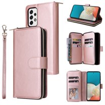 Feishell for Samsung Galaxy A53 5G (6.5 inch) Wallet Case for Women Men,Premium PU Leather Magnetic Clasp Zipper 9 Card Slots Folio Flip Holder Shockproof Purse Phone Case with Wrist Strap,Rosegold
