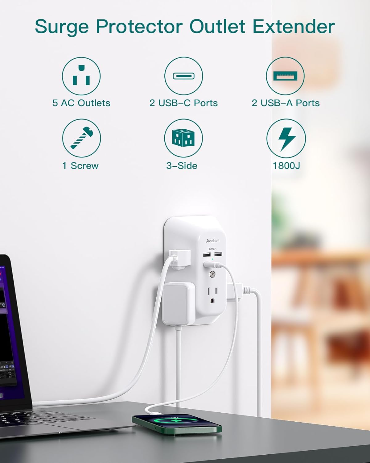 JJEAN-2 Pack Surge Protector Outlet Extender - 5-Outlet Splitter with 4 USB Wall Charger(2 USB-C Ports), Multi Plug Outlet Power Strip for Home, Dorm Room Essentials