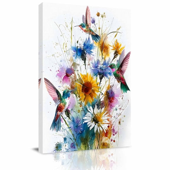 Yellow Sunflower Honeybird Canvas Wall Art for Living Room, Spring Watercolor Colorful Flower Bird Poster Print Painting for Bedroom Office Home Decoration Wall Pictures Prepare To Hang 12"x12"