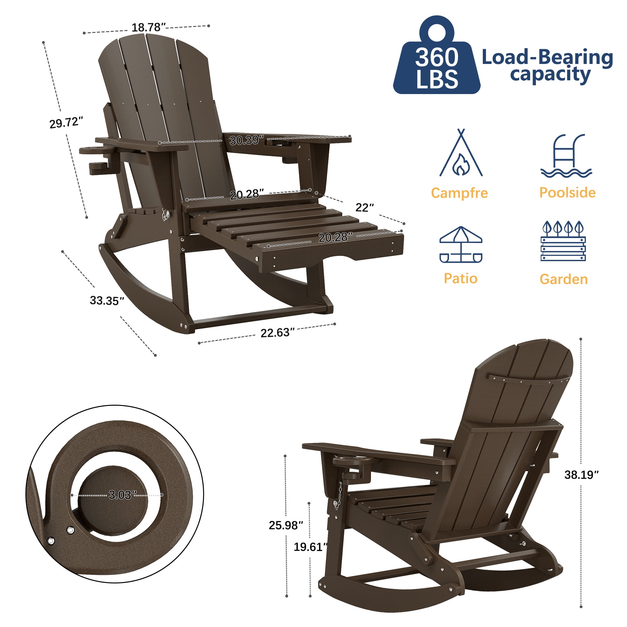 FOOWIN HDPE Plastic Rocking Adirondack Chair, Folding Rocking Chairs for Patio Porch Rocker Chair, Coffee