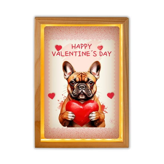 Happy Valentine's Day French Bulldog Brings Love Heart Acrylic Plaque with Wood Photo Frame Box Dog Lover Gifts Light Box - 02028
