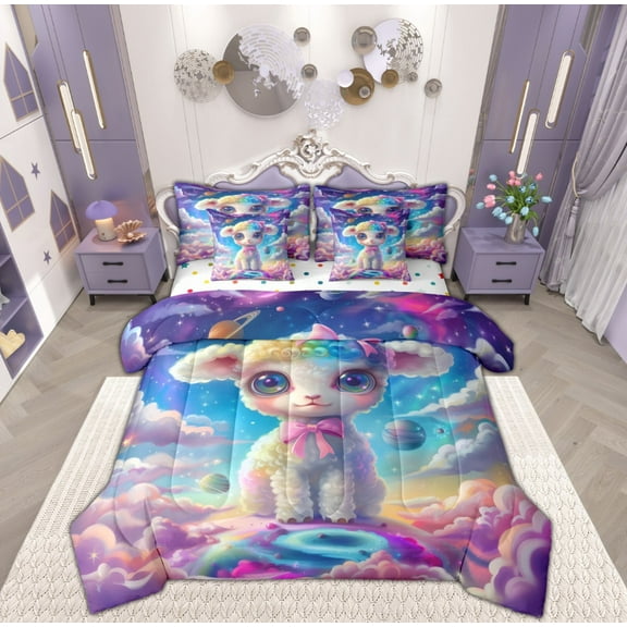 Feelyou Dreamy Cute Sheep Twin Bedding Sets 7-Piece for Teens, Outer Space Planet Bedding Comforter Set, Mystic Starry Sky Reversible Sheet Sets, Super Cozy Room Decor