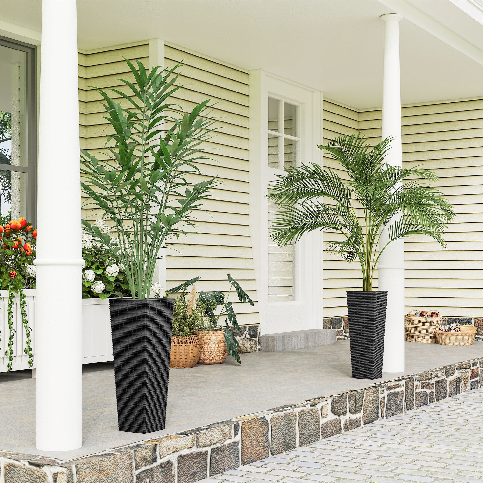 23.6 Inch Tall Planters for Outdoor Plants, Set of 2 Plastic Flower Pots with Drainage Holes, Black