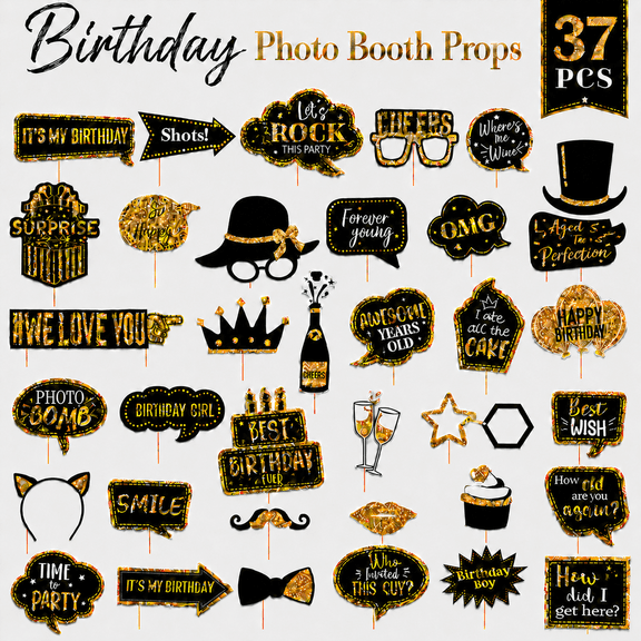TAVENE Birthday Photo Booth Props 36 Pcs, Funny Selfie Decor for Graduation Wedding 40th 50th 60th Party