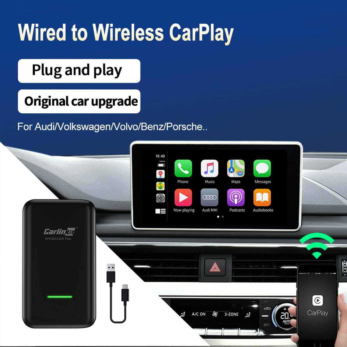 Supports Siri Maps, adapted for Volkswagen Factory CarPlay Cars Carlinkit 2.0 Wired to Wireless Carplay dongle