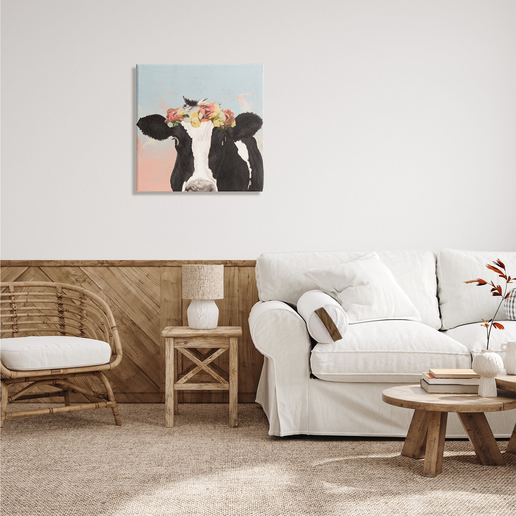 Stupell Industries Boho Dairy Cow Floral Crown Pink Blue Ombre, 24 x 24, Design by Jenny Green