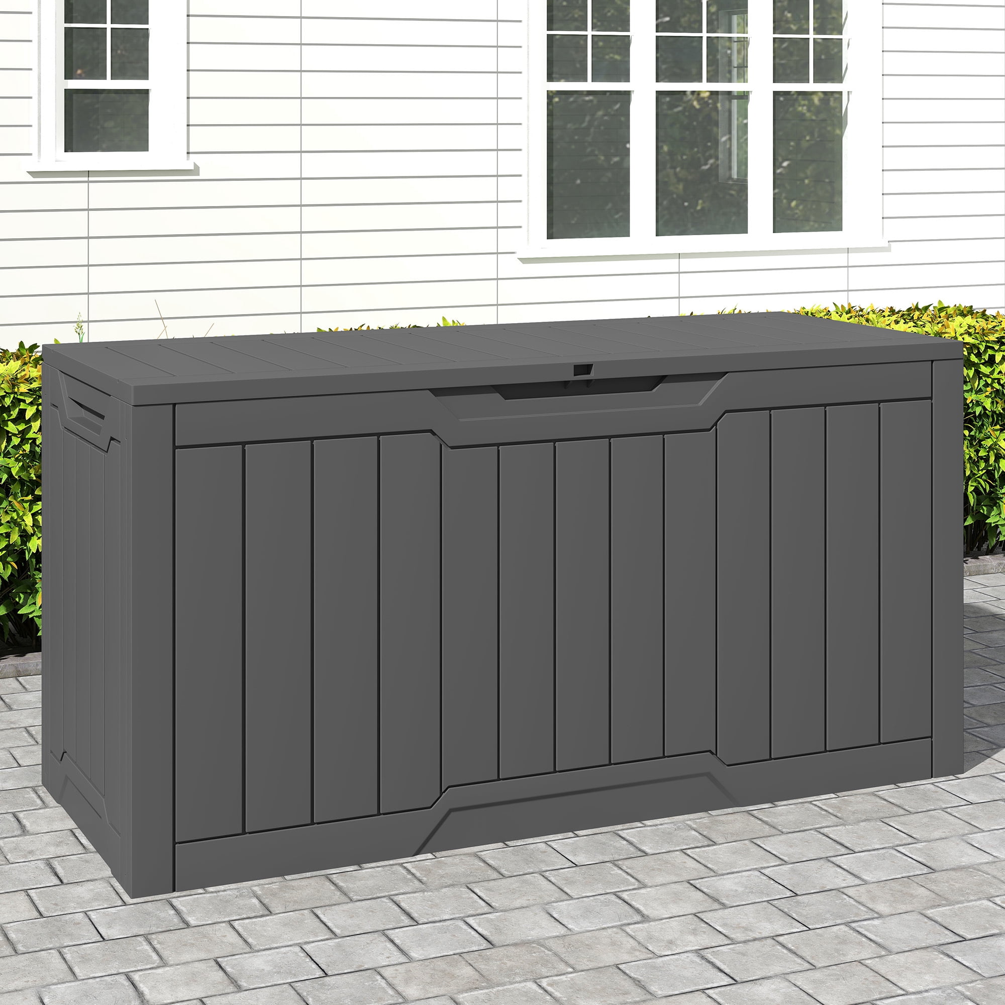 Uforic 80 Gallon Resin Deck Box, Outdoor Storage Box, Lockable Weather Resistant Container for Patio Garden Home Essentials, Dark Gray
