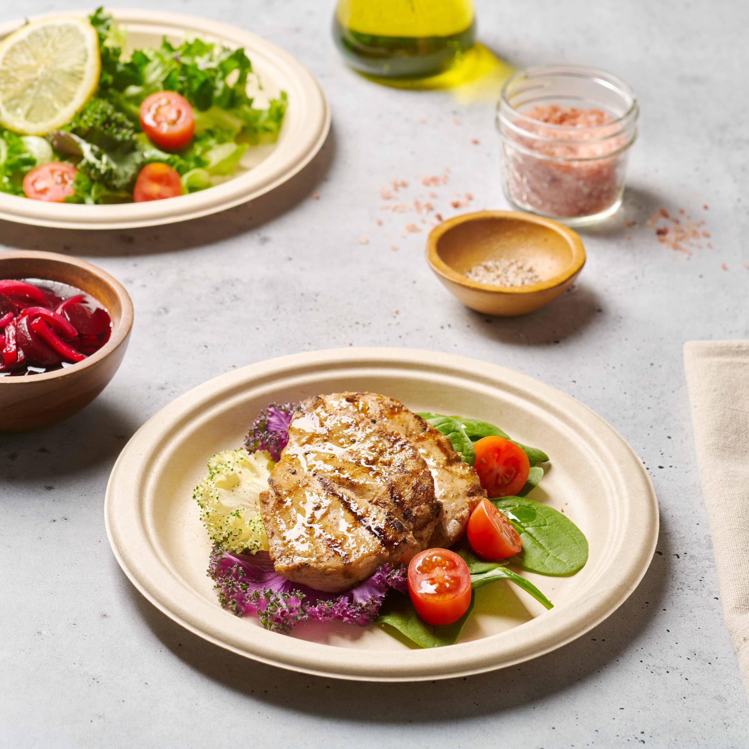 100% Compostable Paper Plates Heavy Duty AFN1- 100 Disposable Plates - 9” Brown Disposable Dinner Plates Made of Eco-Friendly, Natural Unbleached Sugarcane Bagasse, Microwavable Plates