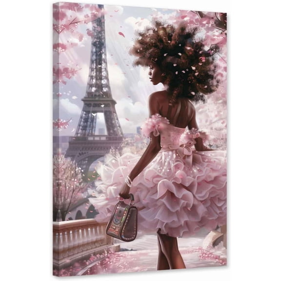 ZHONGYUTONG African American Wall Art Eiffel Tower Canvas Pink and Black Afro Pictures Black Woman Painting for Girl Room Decor Framed (12.00" x 18.00")