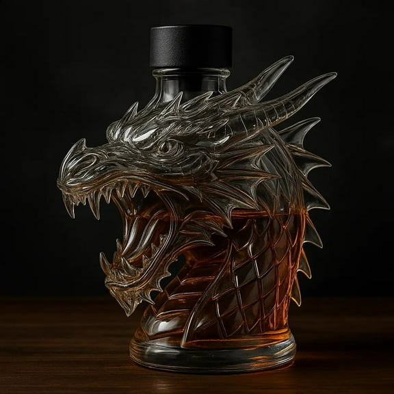 High Borosilicate Glass Whiskey Bottle with Spout, Dragon Head Cap (Random Color), Elegant Wine Decanter, Durable Barware for Home Entertaining, Unique Liquor Server, Artistic Tabletop Accent