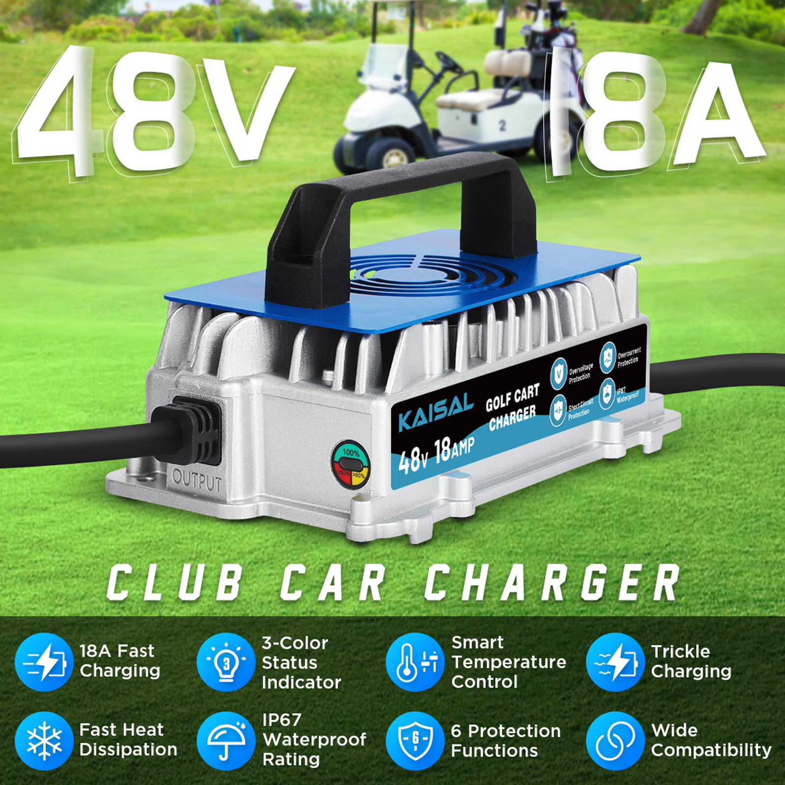 DUOYI 48V 18A Smart Battery Charger, 1250W Fully Automatic Lead Acid Golf Cart Charger with Trickle Maintenance and IP67 Waterproof for Club Car