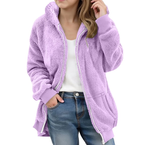 Mercatoo Teens Boy Girl Fleece Hooded Jacket, Long Sherpa Zip Up Coat with Pockets, Trendy Cozy Outerwear for Fall Winter and Spring