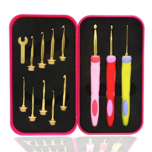 Juego de herramientas para tejer a crochet de metal dorado con agujas de crochet intercambiables, caja de regalo para hacerlo tú mismo