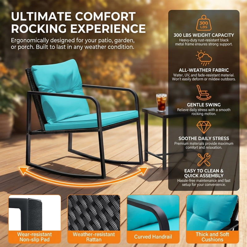 Vineego 3 Pieces Patio Conversation Sets Outdoor Rocking Chair PE Rattan Bistro Rocker with Coffee Table, Blue
