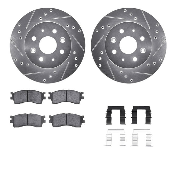 Dynamic Friction Company Front Brake Rotors-Drilled and Slotted-Silver with 5000 Advanced Brake Pads includes Hardware 7512-21007