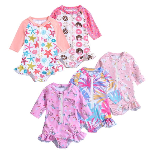 Emy Dola Baby-Girls Long Sleeve Zipper One Piece Swimsuit Floral Mermaid Rash Guard Swimwear UPF 50 Infant Bathing Suit