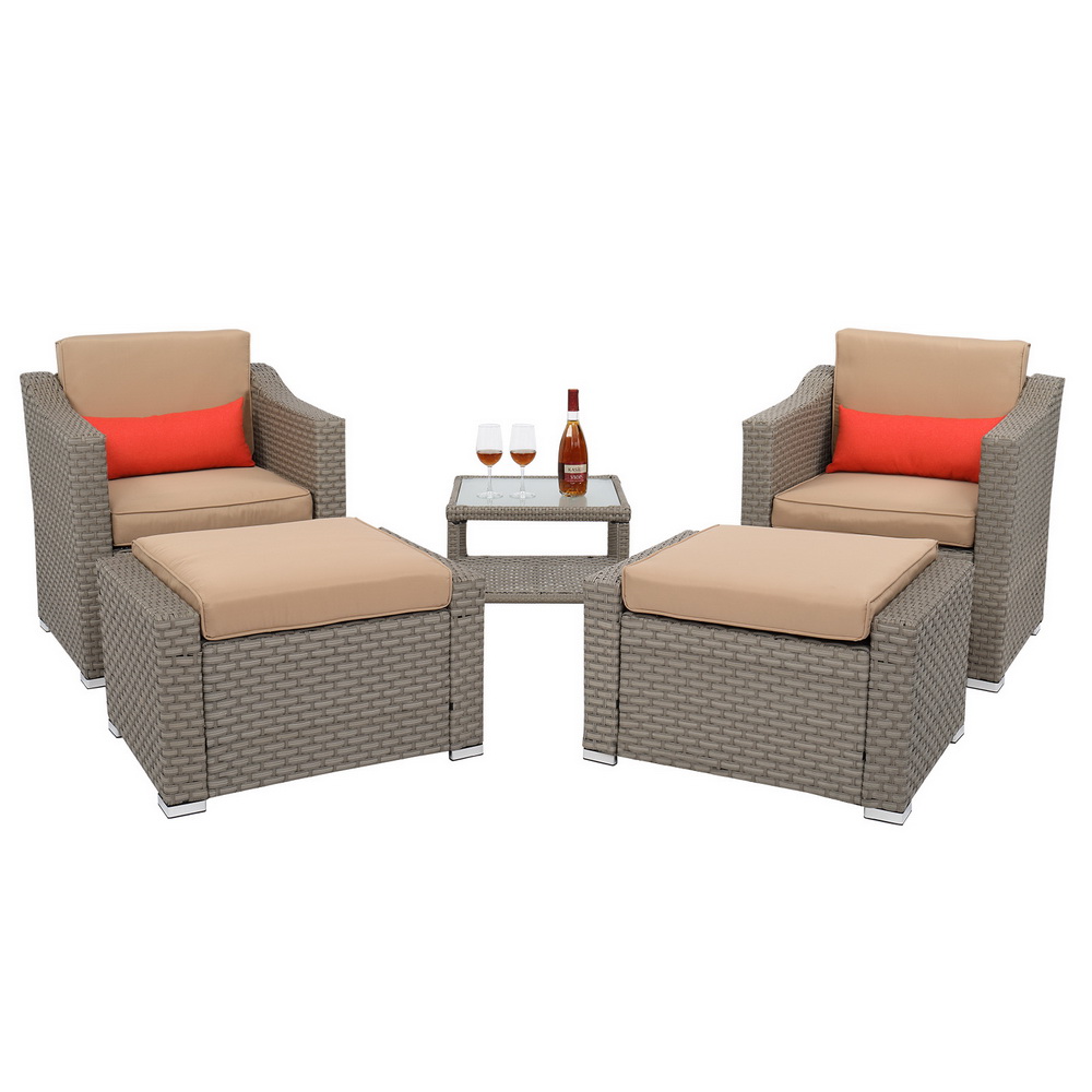 5-Piece Conversation Sets, PE Rattan Patio Furniture Set, All-Weather Wicker Sectional Sofa Set with Table+Ottoman+Cushion+Pillow - image 4 of 15
