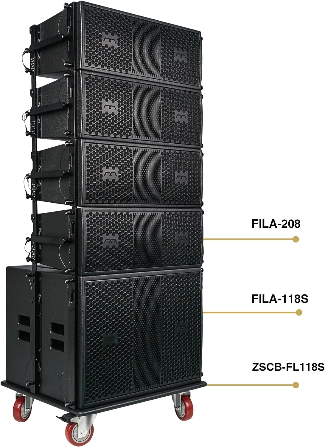 Sound Town Mode Audio Series Passive Line Array Speaker System with One 18-inch Subwoofer, Four Dual 8-inch Line Array Speakers, Italian Drivers, One Caster Board, Black (FILA-118S208X4OC)