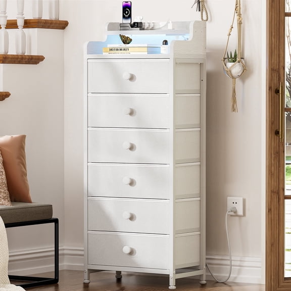 GUNAITO Led Dresser for Bedroom 6 Drawers Tall Fabric Closet Chests of Drawers White