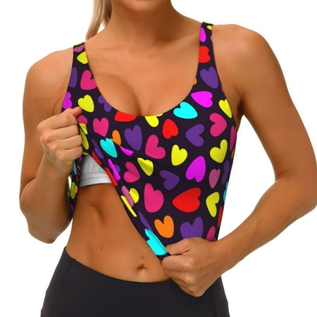 Qokaie Colorful Hearts Pattern Womens Scoop Neck Sports Bra Breathable Workout Vest Padded U Back Medium Impact Fitness Gym Yoga Bra Workout Crop Top