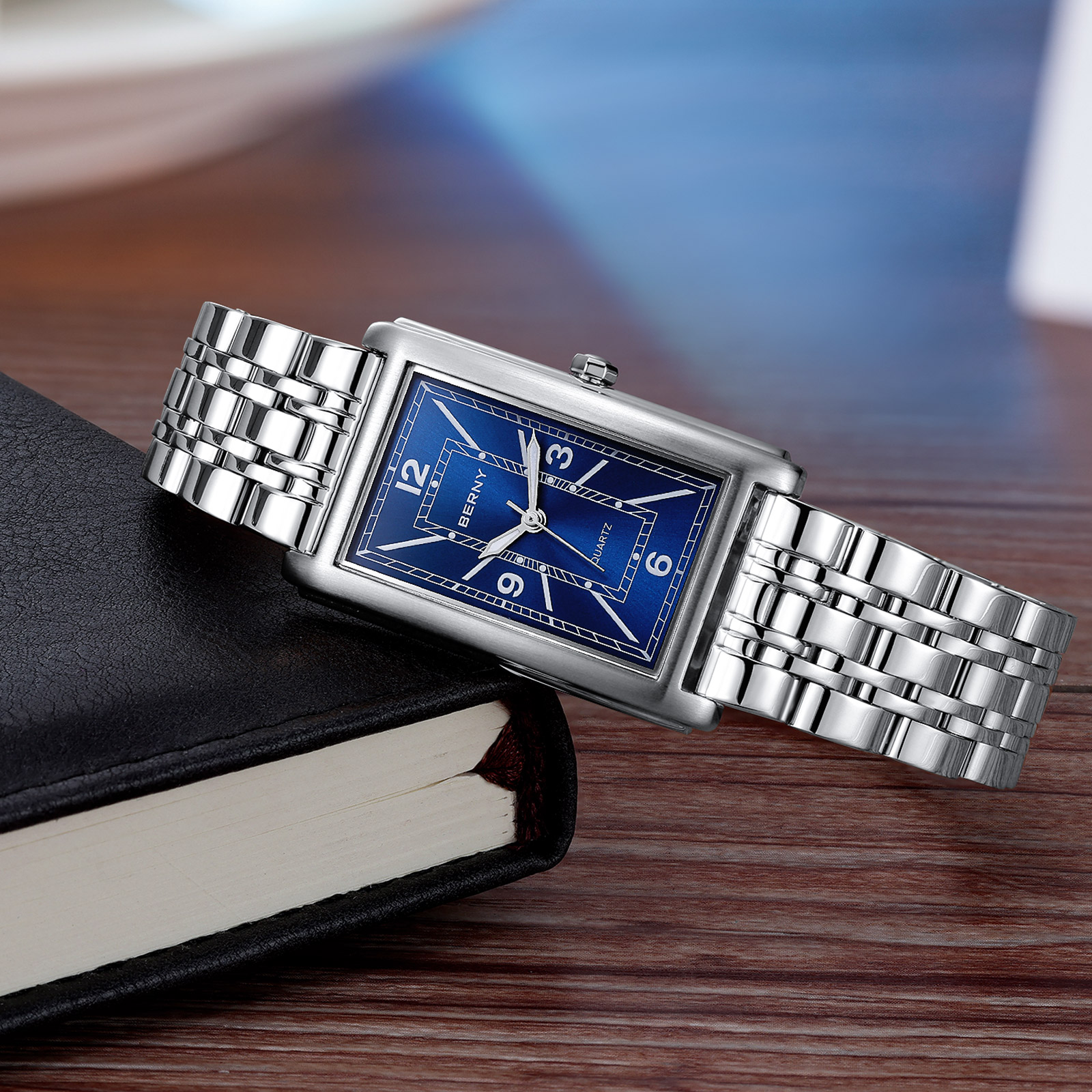 BERNY Rectangular Silver Watch for Men, Fashion Waterproof Analog Quartz Wristwatch, Stainless Steel, Luminous, Arabic Numeral, Business Dress Men's Watches (Blue)