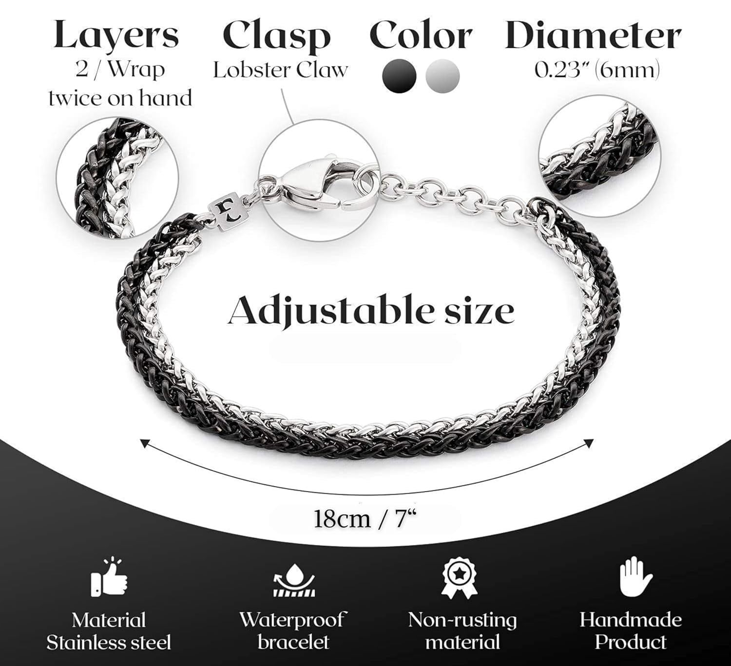 Mens Bracelet,Stainless Steel for Men, Non Tarnish Rope Chain Bracelets, Stylish Birthday Gift for Boys, Dad, Son, Boyfriend - Silver & Black 7"