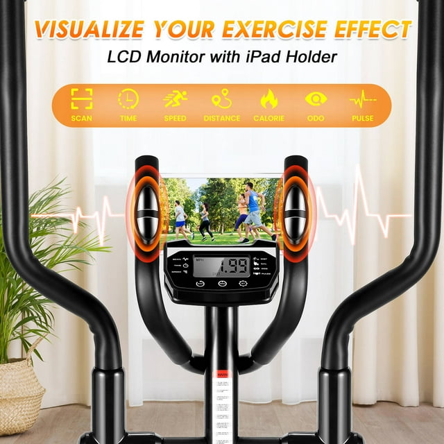 VIBESPARK Elliptical Machine 8 Levels Elliptical Trainers with Heart Rate Sensor LCD Monitor Smooth Quiet Driven for Home Gym Office 390lbs Capacity 15inch Stride Length Black
