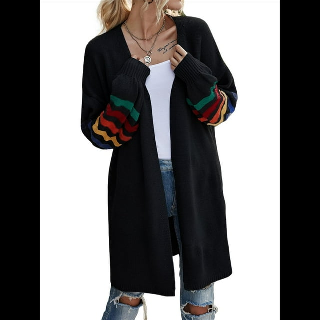 Cárdigan Abierto para Mujer, Suéter de Punto Holgado con Bloques de Color y Rayas, Abrigo Exterior. Negro XL