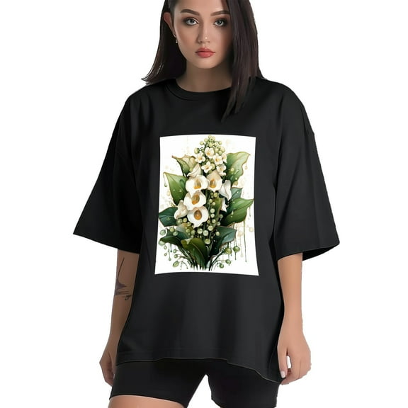 Plus Size Shirt for Women Black Tops for Women Short Sleeves Shirt for Women White Roses T Shirt Crewneck Shirt for Women XS