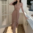thumbnail image 3 of Vigonne 2025 Printemps Automne Robe Croisée Slim Femme Manches Longues Sexy Coréenne Décontractée Robe Longue Serrée Tricotée, 3 of 4