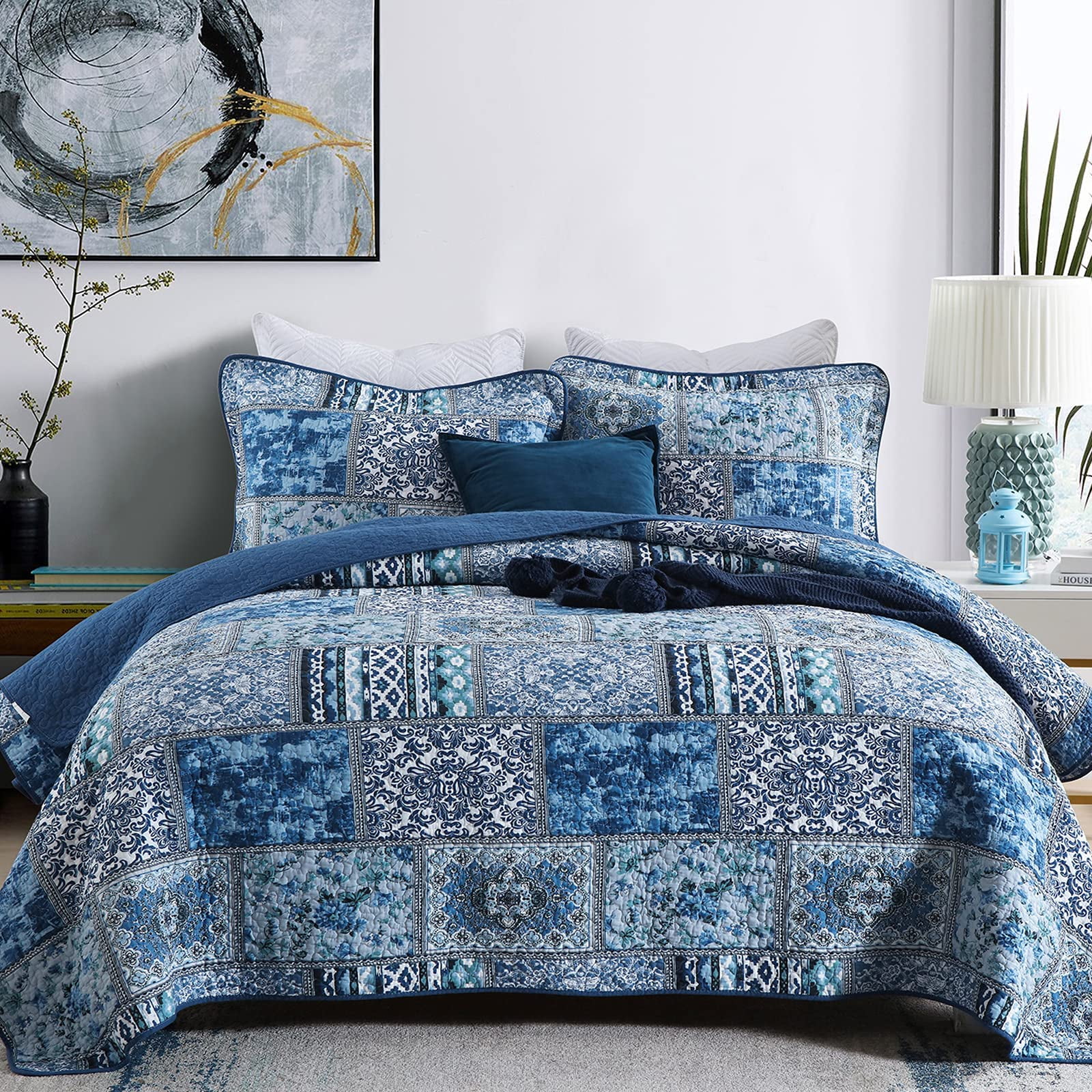 3 Pieces Boho Cotton Quilt Set for All Season Oversize Queen 90x98 inches 100% Cotton Reversible Rustic Patchwork Printed Bedding Quilt Coverlet Blue Bohemain Bedspread Quilt Queen 