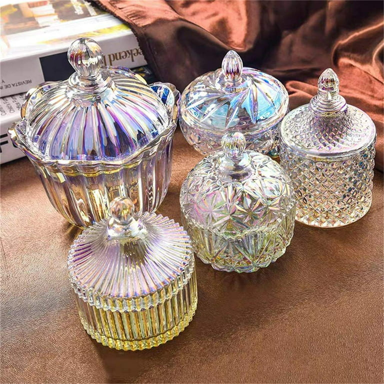 2 Pcs Glass Candy Jar with Lid Decorative Candy Bowl Crystal Covered  Storage Jar