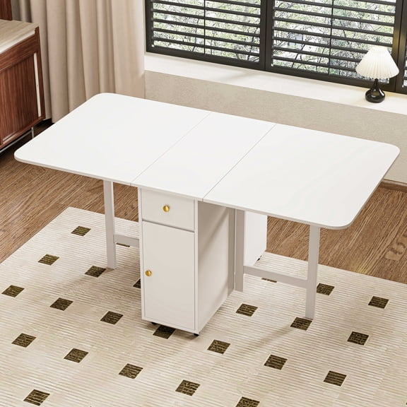 White 59.1'' Foldable Dining Table for Small Space, Rectangular Wood Folding Extendable Kitchen Table with Drop Leaves